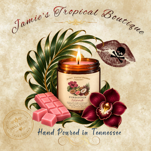 Jamie’s Tropical Boutique artwork with a candle, pink wax melts, tropical leaves, and a burgundy orchid
