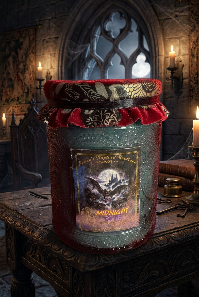 Midnight Bite tall textured glass jar candle with patterned lid and bat-and-moon label.