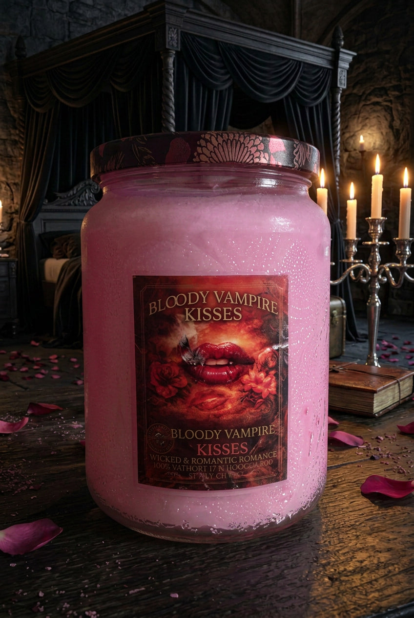 Bloody Vampire Kisses pink jar candle with lips-and-flowers label and patterned lid.